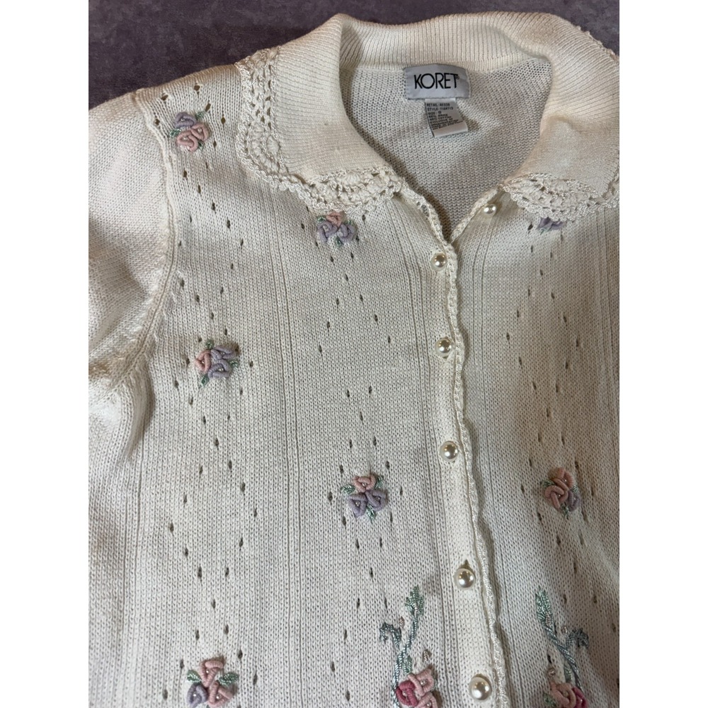 Vintage Koret Cardigan Sweater Womens S Cream Floral Embroidered Scalloped Knit‎ - Picture 10 of 14